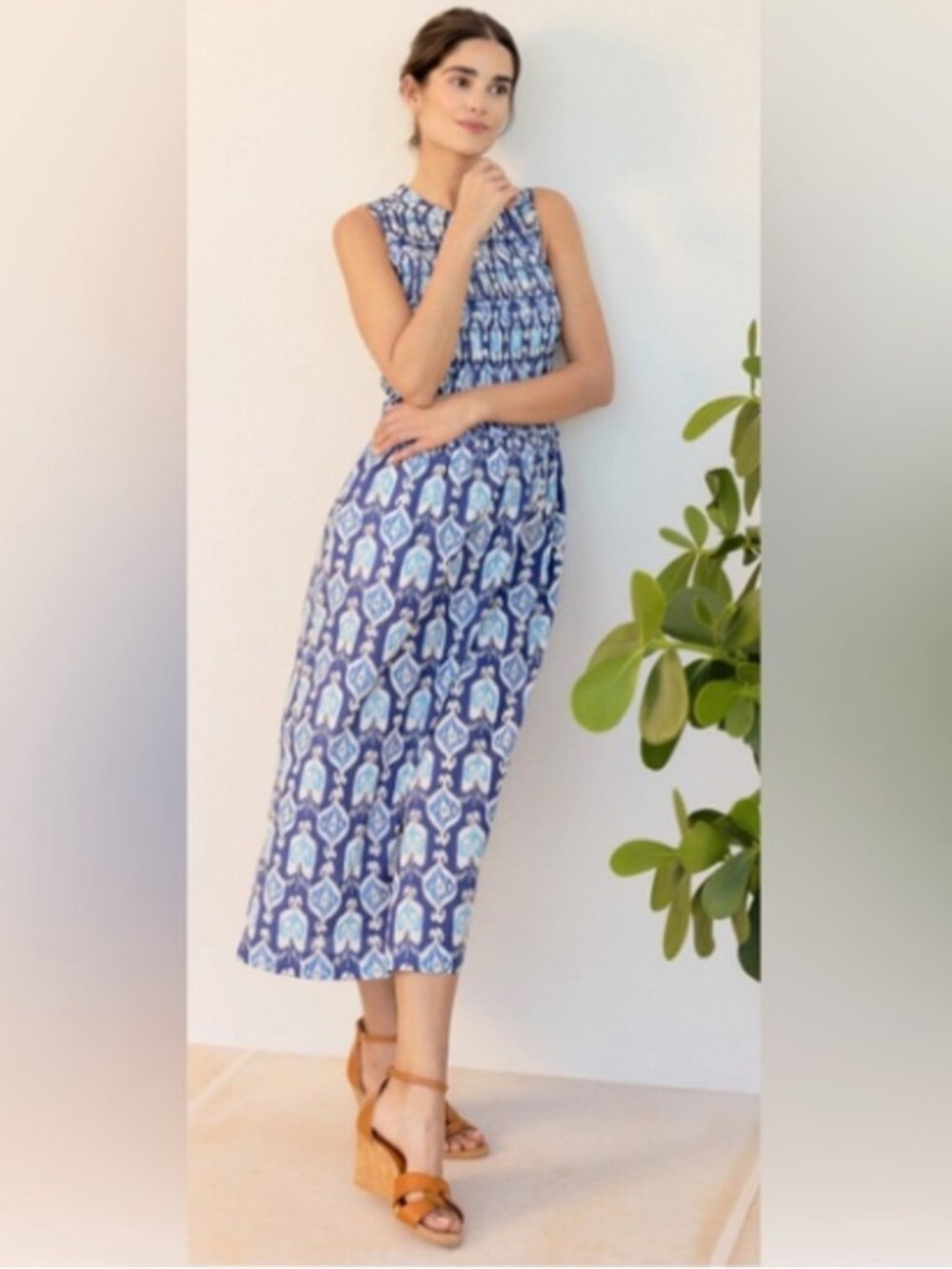 💙J. McLaughlin Ciri  Sleeveless Blue Aztec Geometric Print Smoked Maxi Dress L